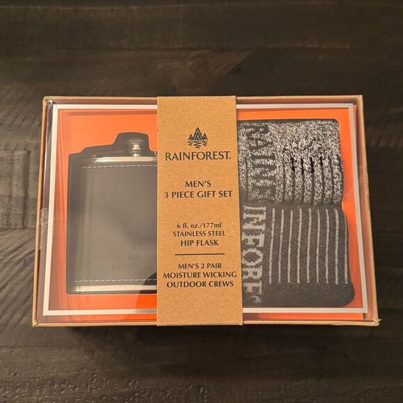 Rainforest Men’s 3 Piece Gift Box Set Flask and Socks Brand New! Black + Gray - Picture 1 of 3